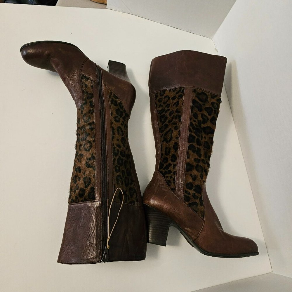 Born Brown Boots Knee High Zip Leopard Print Pony Hair Women Size 9 1/2 - Picture 5 of 16